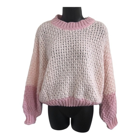 Shades of pink crochet waffle knit chunky cuffed sleeve sweater size large new - Picture 13 of 13